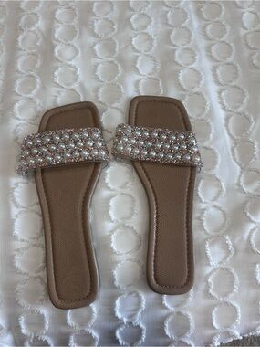 SHEIN Taupe Slide Sandals with Pearl & Crystal Strap